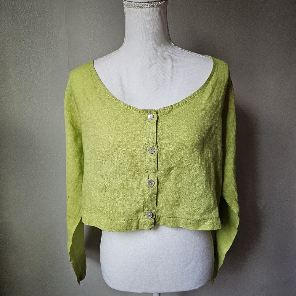 Linen Button-Down Crop Shirt - Lime Green